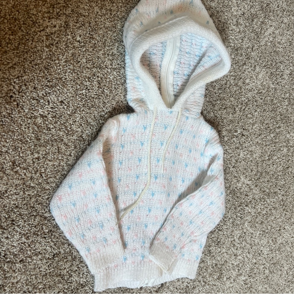 Vintage Dr. Denton’s 18mo Knit Sweater White Pink And Blue With Hood Back Zip up